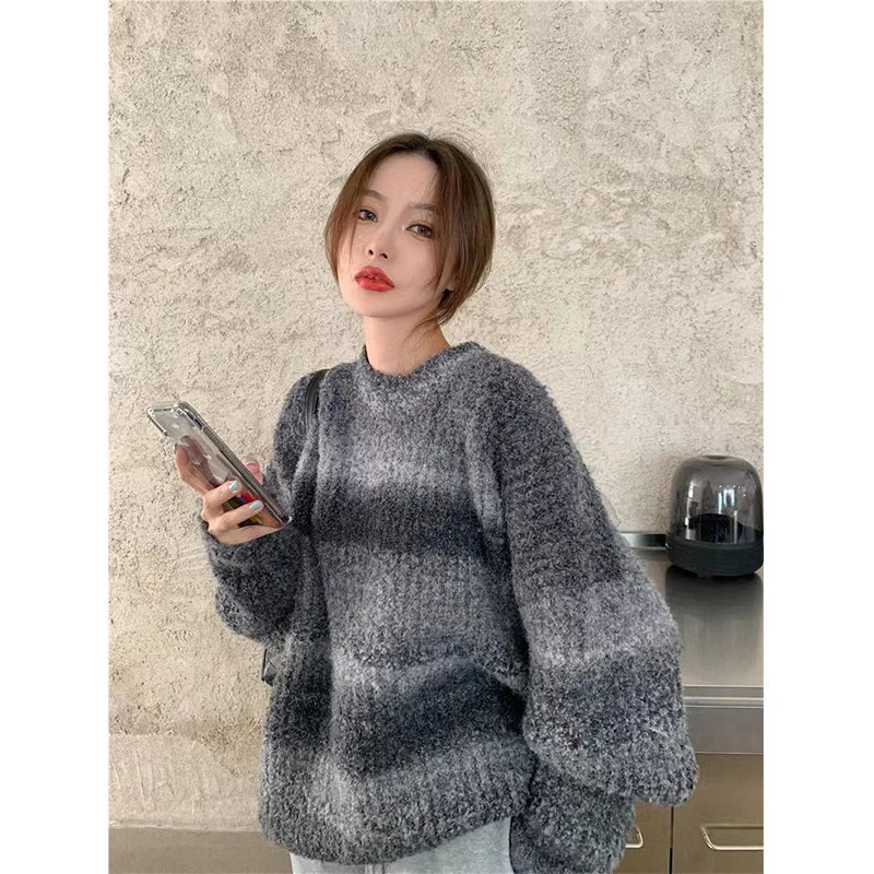 MEXZT Streetwear Gradient Sweater Women Harajuku Tie Dye Oversized Knitted Pullovers Vintage Korean Knitwear Winter Jumper Tops