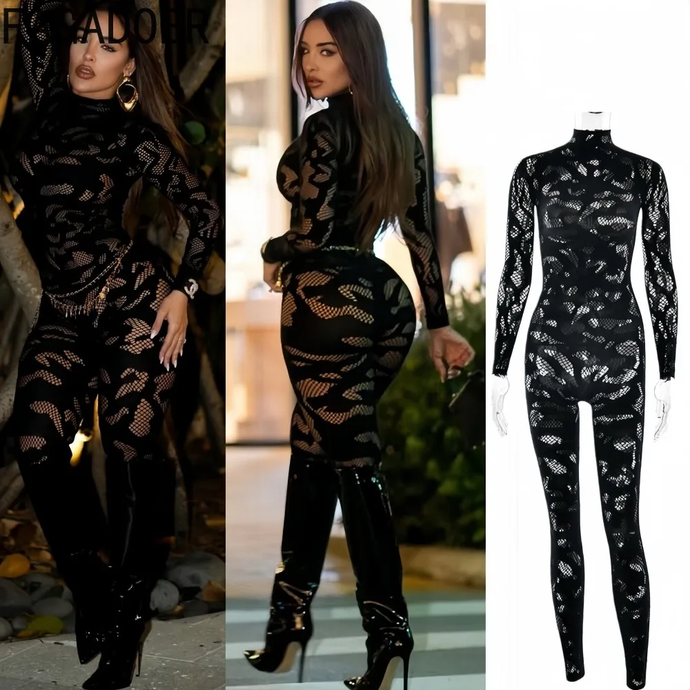 

FAGADOER сексуальные кружевные ажурные лоскутные комбинезоны женские однотонные прозрачные комбинезоны с длинными рукавами женские уличные комбинезоны