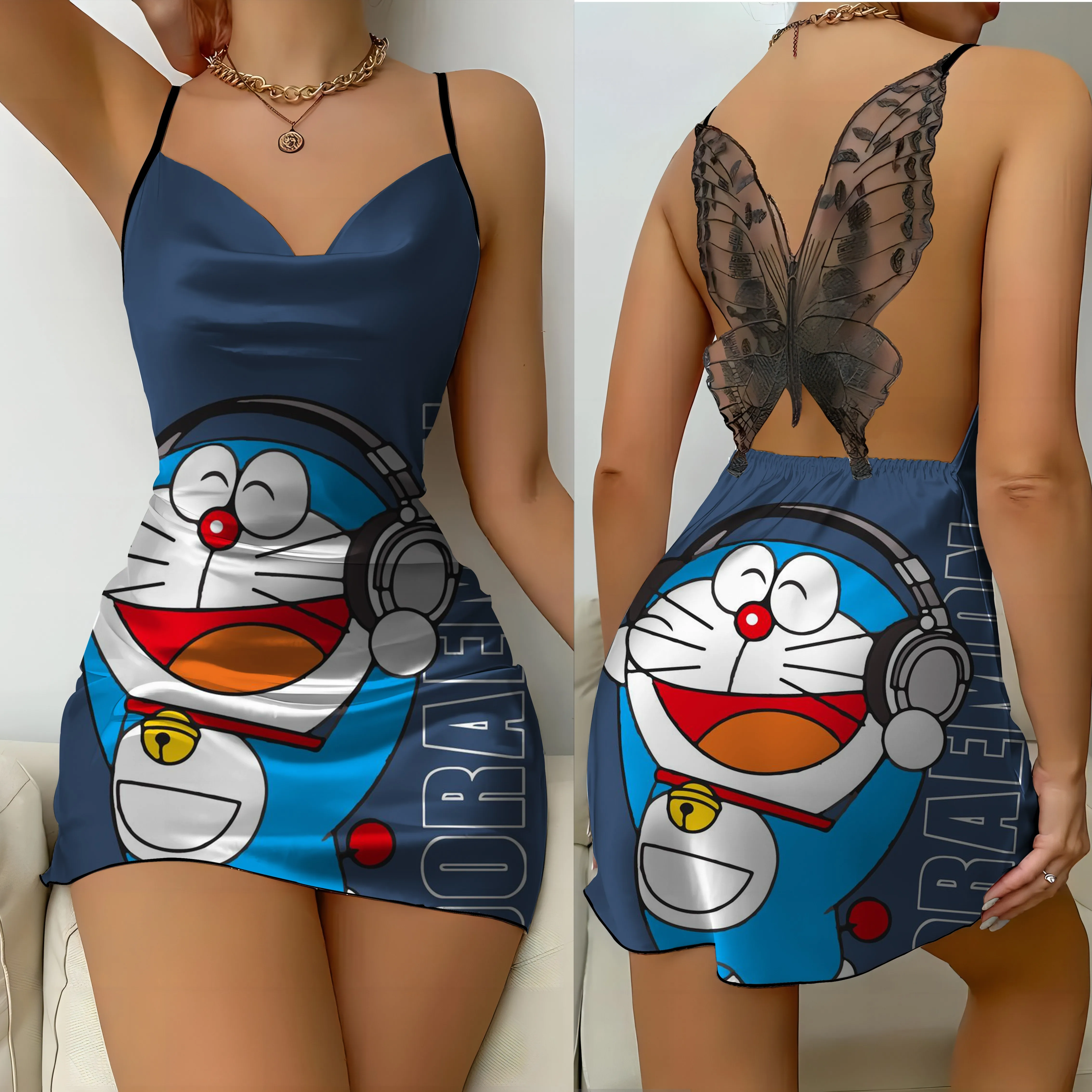 Bow Knot Backless Dress Sexy Dresses Pajama Skirt Doraemon Satin Surface Womens Fashion Summer 2024 Party Mini Lace Slip Dress