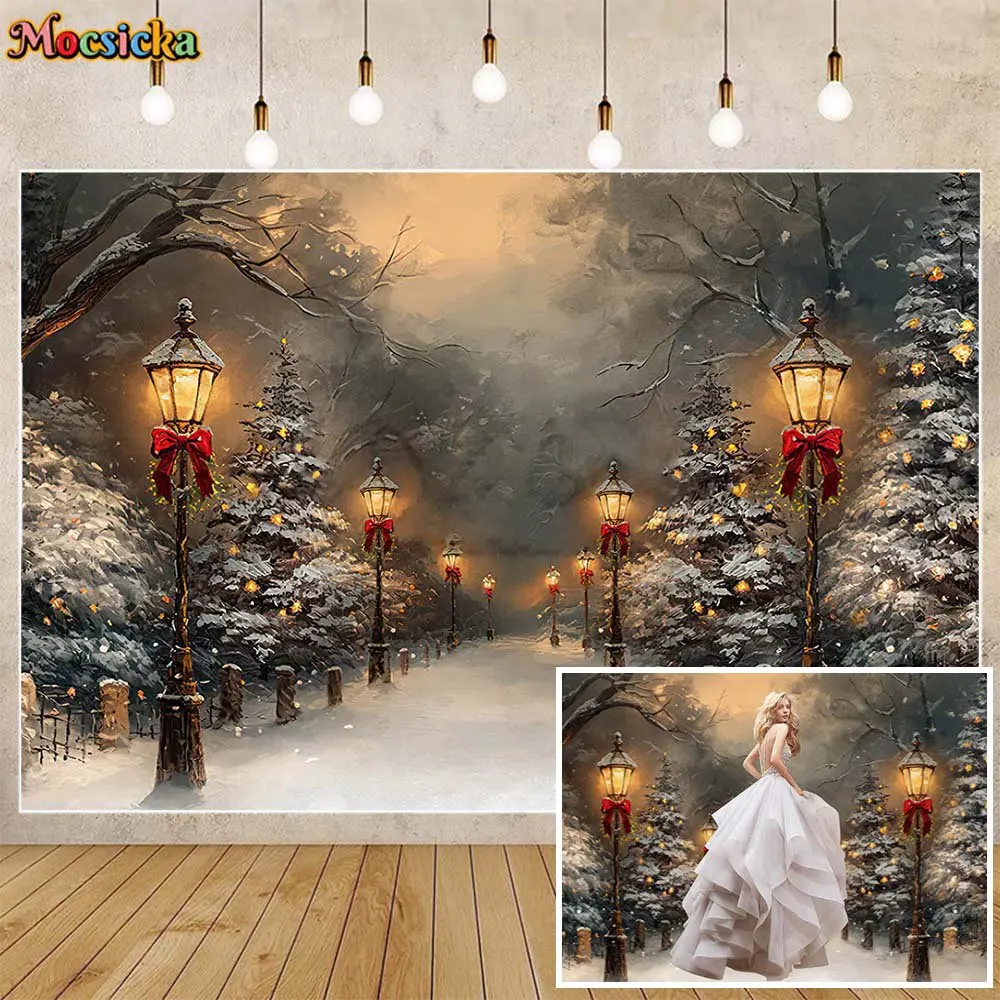 

Mocsicka Backdrop for Photography Winter Street Snow Scene Wreath Christmas Outdoor Children Photo Shoot Background Studio Props