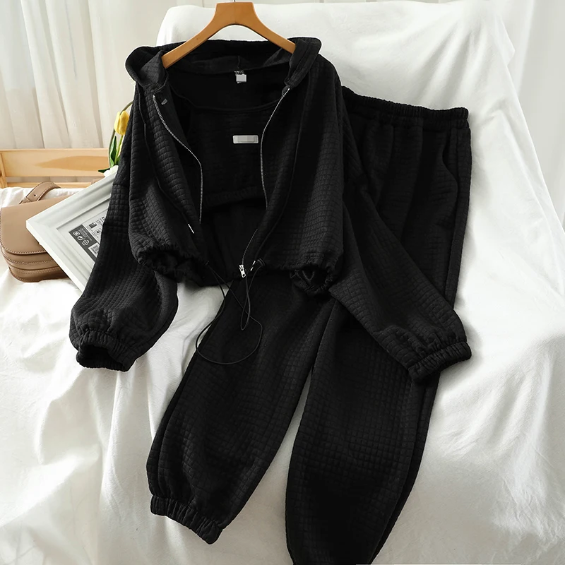 1 set Sports Style Leisure Suit Set 3pcs Women Autumn Camisole Short Suspender Hooded Jacket Legged Long Pants Three Piece Set