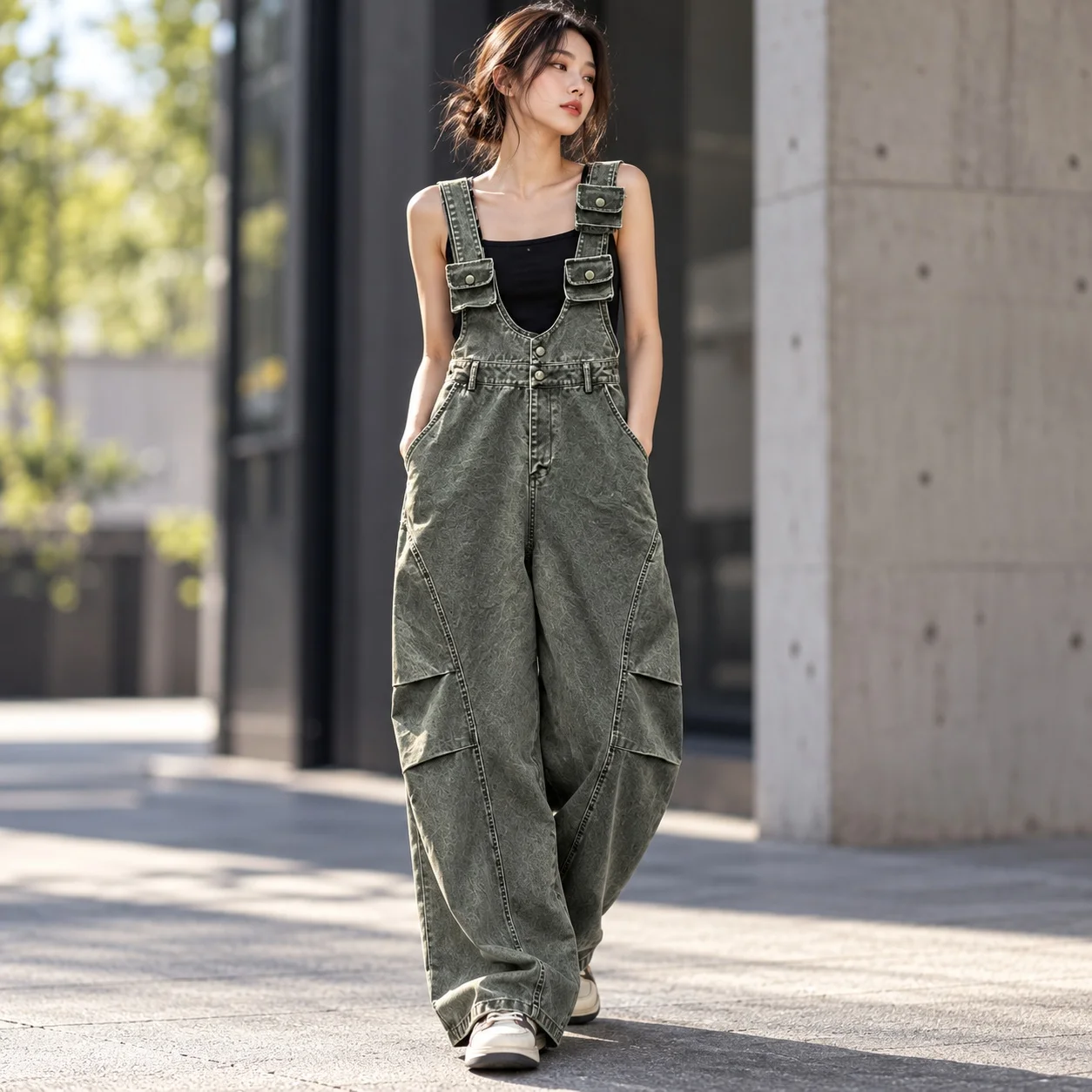 Single Loose Fit Dress with Loose Waist Streetwear Casual Maxi Length Pullover Asymmetrical Hem Distressed Women Jumpsuit