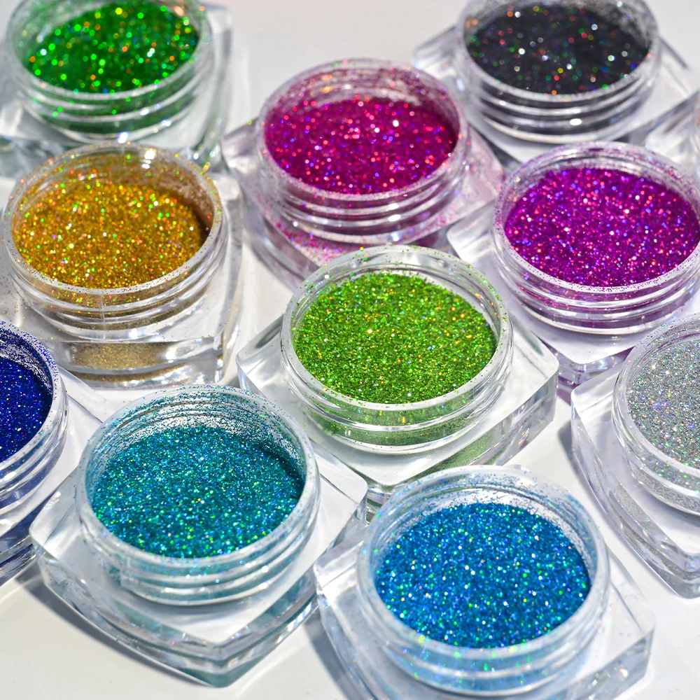 12 potten/set holografisch glitter nagel fijn poeder 0,05 mm super glanzende eenhoorn regenboog laserpoeder DIY spiegel manicure poeder *&
