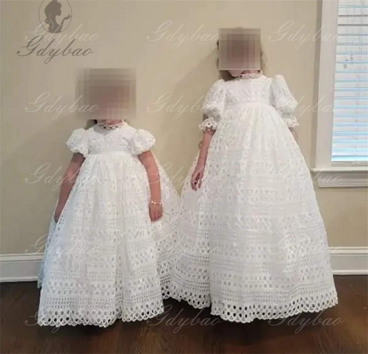 Customized Half Sleeve Lace Flower Girl Dress For Wedding Puffy Balloon Sleeve Pricness Pageant Birthday High Neck Girl Dresses