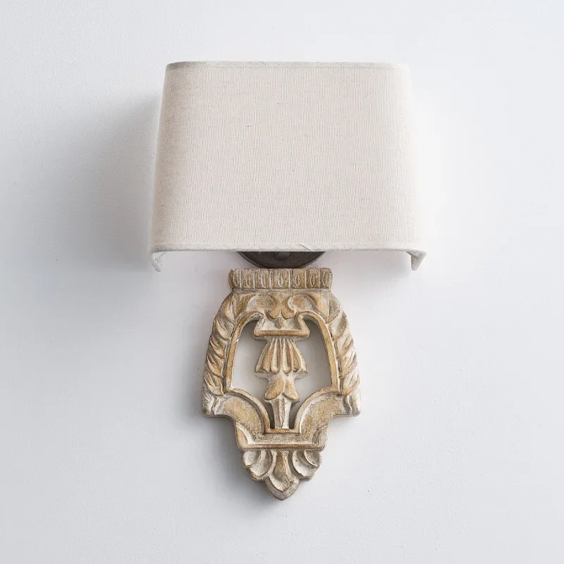 

American Style Retro Cloth Wooden Wall Lamp Vintage Resin Sconce for Living Room Study Bedroom Corridor