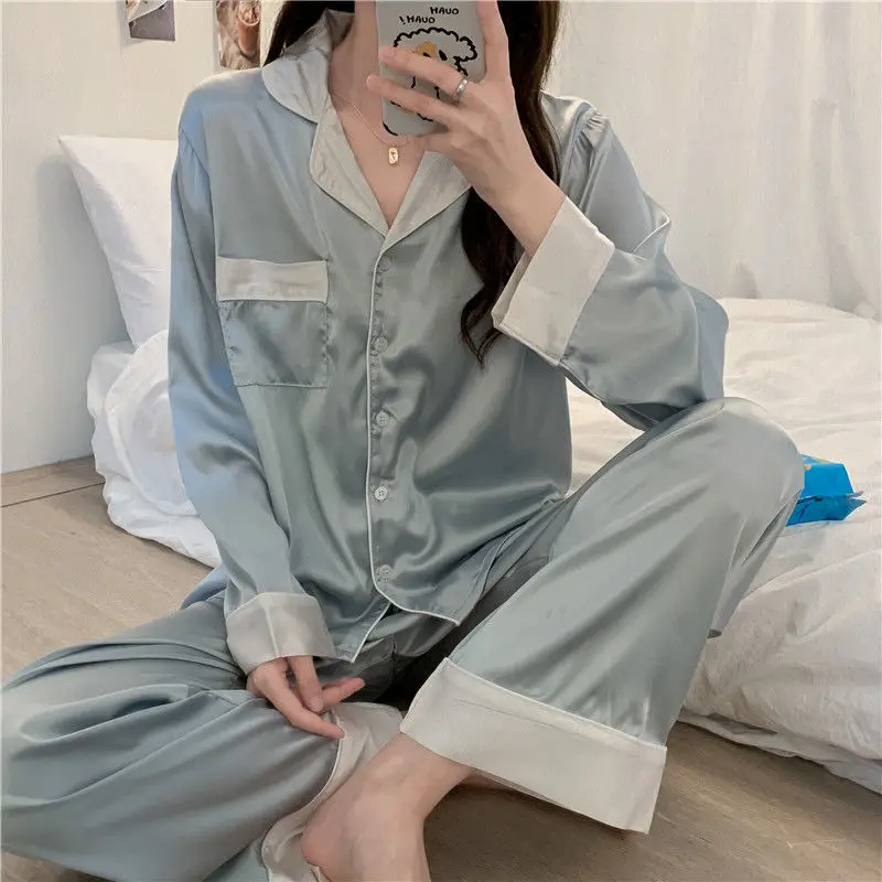 

Ice Silk Pajamas Women's Spring and Autumn Long Sleeve Thin Home Furnishing Two Piece Set