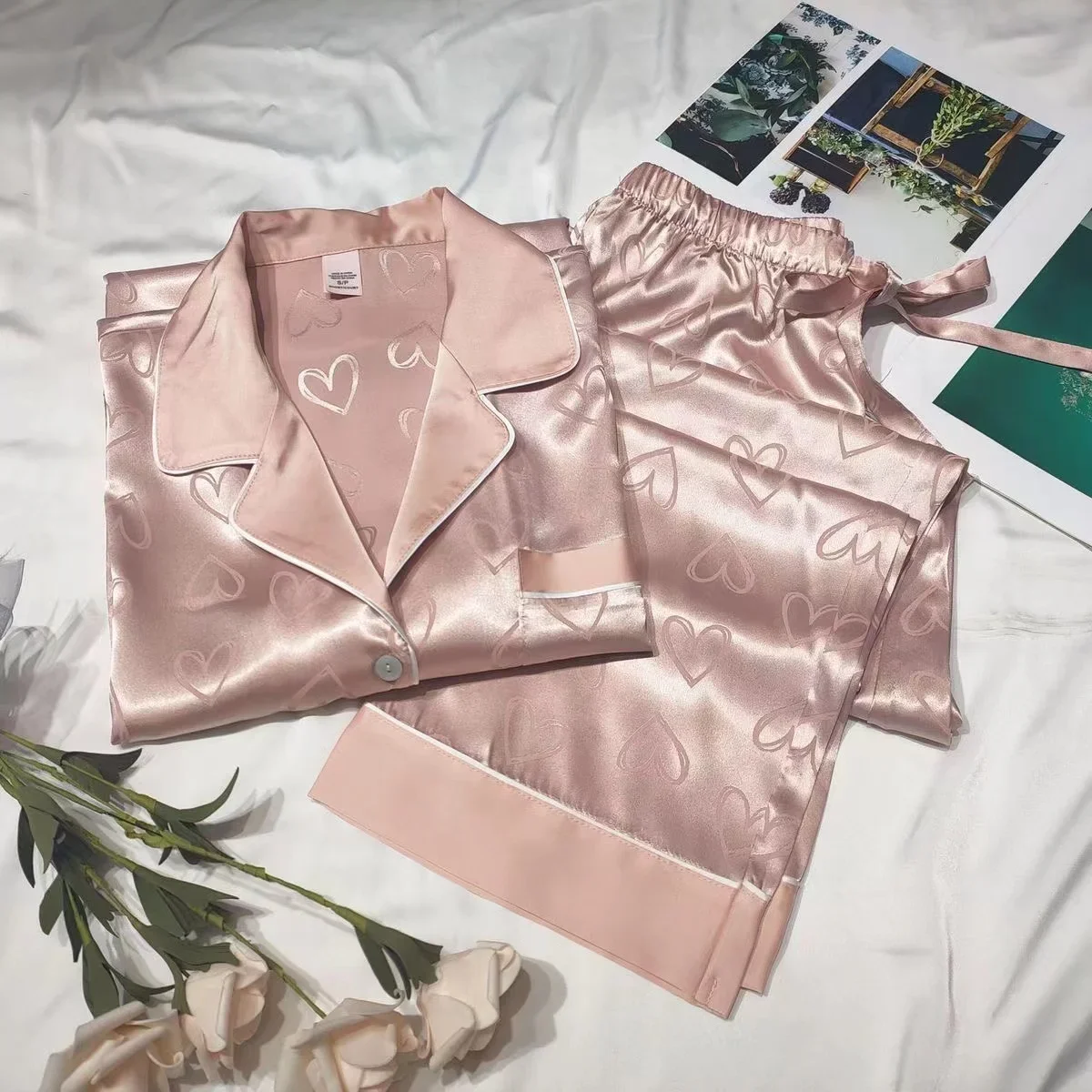 Women's Pajamas Lounge Set Heart Print Casual Sleepwear Button Lapel Neck Loong Sleeve Top & Pants Pyjama Home Clothing New view 3