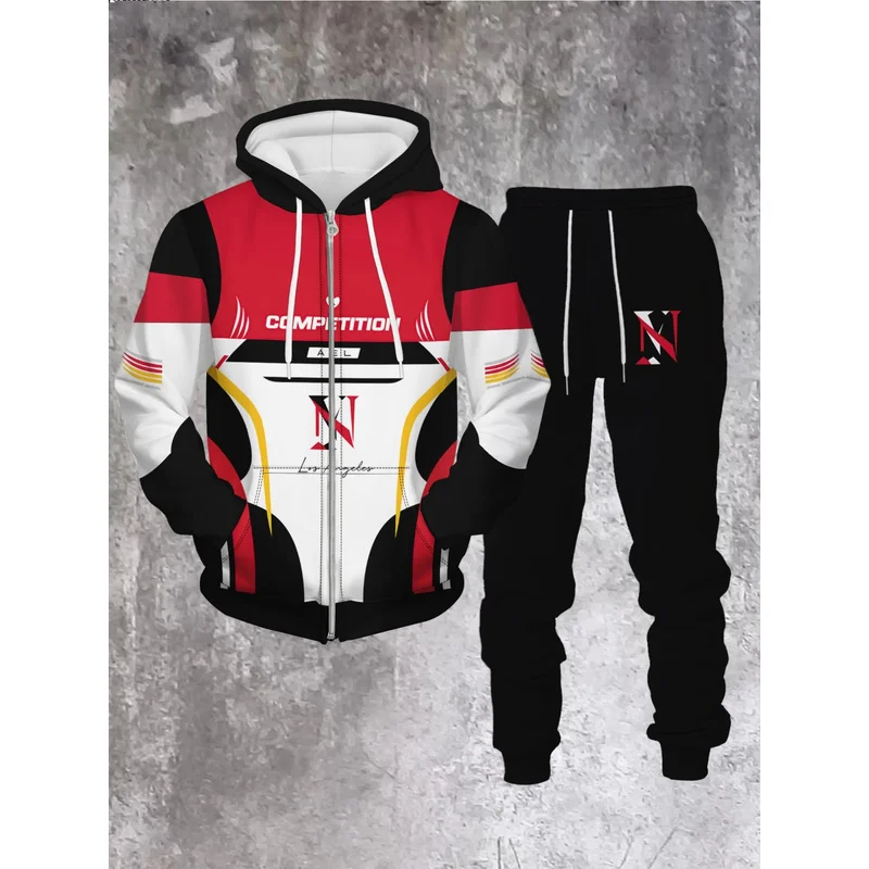 Men'S 2-Piece Hooded Zipper Set, Yin-Yang Dragon And Phoenix Zipper Hooded Sweatshirt And Pants Casual Street Style Set