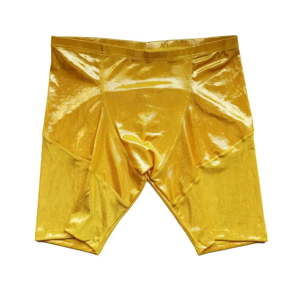 Casual Men Solid Color Sexy Metallic Shiny Shorts Slim Long Leg Boxers Nightclub Stage Fashion Short Pants Elastic Tight Trunks