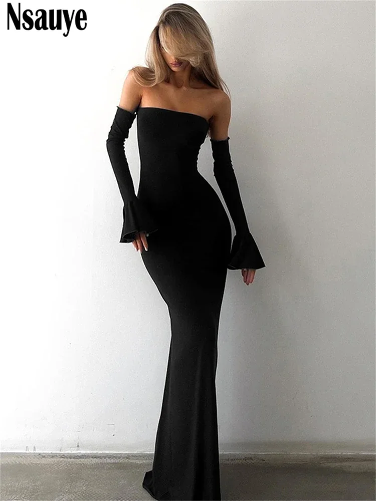 Nsauye Autumn Chic Elegant Women Sexy Evening Birthday Party Night Club Dress Off Shoulder Long Sleeve Maxi Bodycon Dress 2024