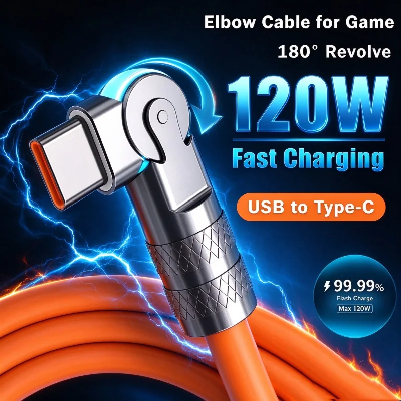 120W PD Fast Charge USB Type C Cable 180 Degree Rotation Elbow Cable for Game for Xiaomi Redmi Honor Phone Charger USB C Cable