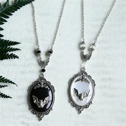 Gothic Vampire Bat Sweater Necklace Silver Plated Framed Bat Cameo Necklace Halloween Witch Crystal Necklace Gift for Bat Lover