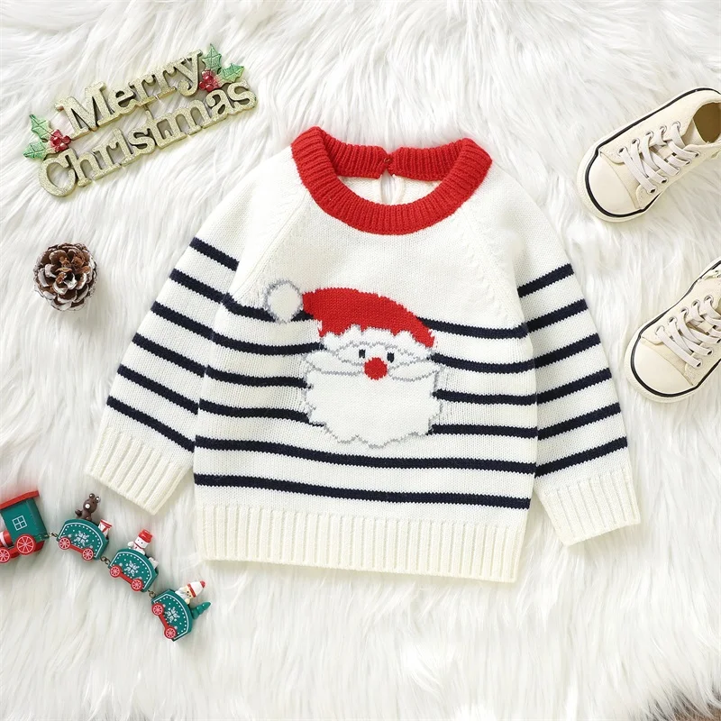 Baby Knitted Sweater Christmas Santa/Elk Print Casual Warm Long Sleeve Pullovers Infant Knitwear for Toddler Xmas Clothes