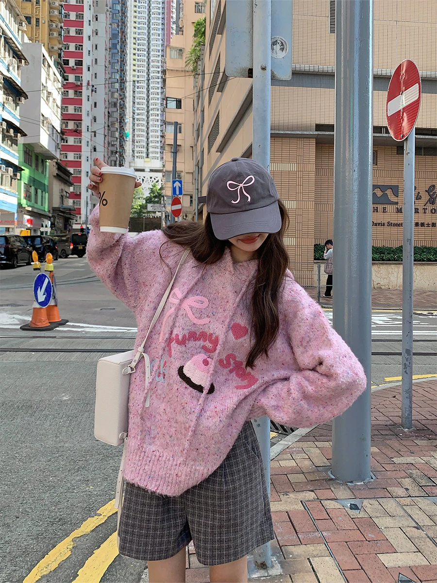 

Женский мягкий плюшевый свитер CCKOK с капюшоном, вязаный топ с узором в виде полотенца, пастельно-розовый, осенне-зимний, повседневный, удобный, с длинными рукавами