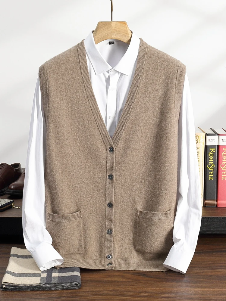 Men's Cashmere Cardigan Vest Autumn Winter V-neck Sweater Basic Sleeveless 100% Cashmere Knitwear Pockets Smart Casual Waistcoat