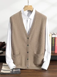 Men's Cashmere Cardigan Vest Autumn Winter V-neck Sweater Basic Sleeveless 100% Cashmere Knitwear Pockets Smart Casual Waistcoat