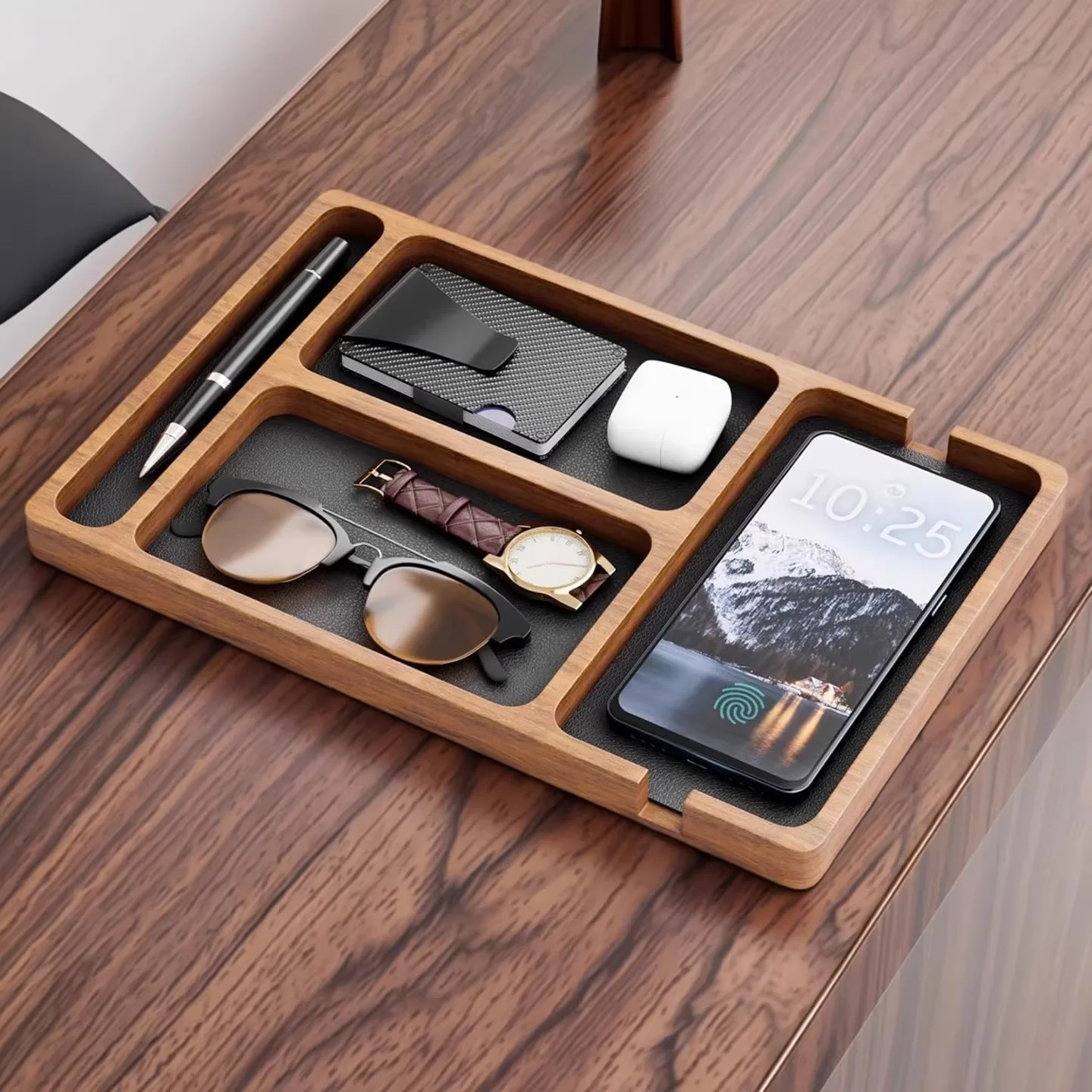 

Wooden desktop storage box, mobile phone glasses earphones sundries storage box, wooden tray with grid storage finishing box