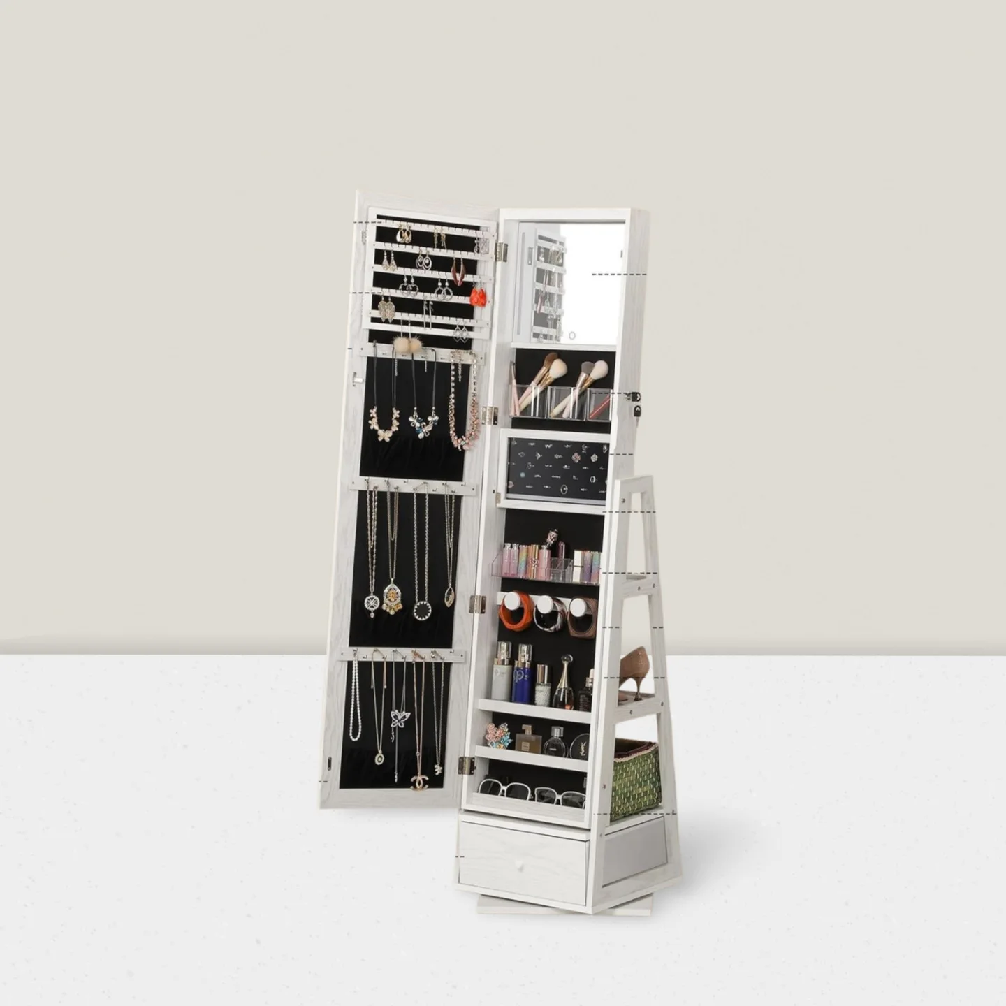 Floor-to-ceiling dressing, makeup mirror, jewelry, necklace, storage locker, wooden fitting mirror.