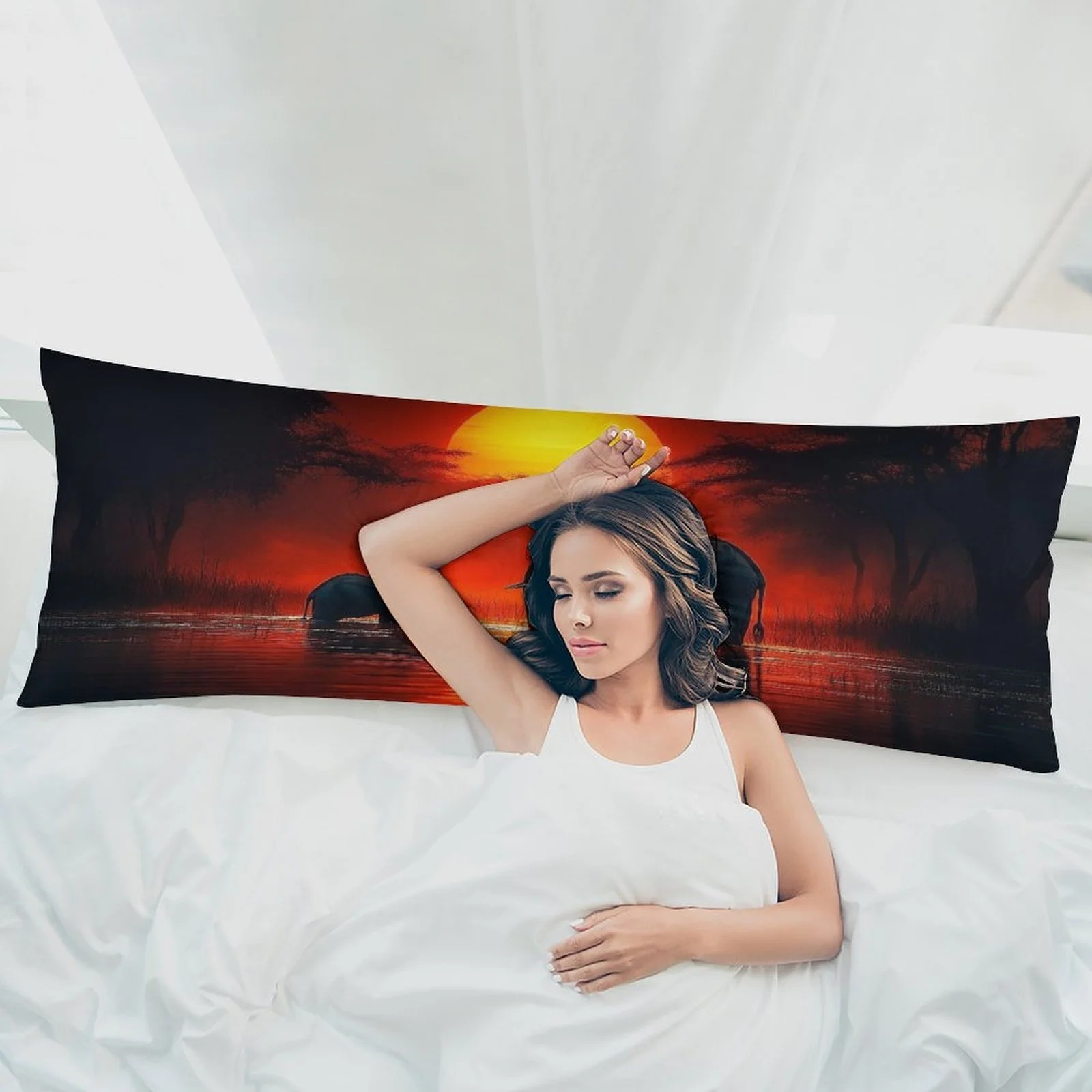 Extra Long Pillowcase - Special African Savannah Sunset And Elephant Pattern - Soft Comfortable Bed Cover, Suitable for Queen/Ki