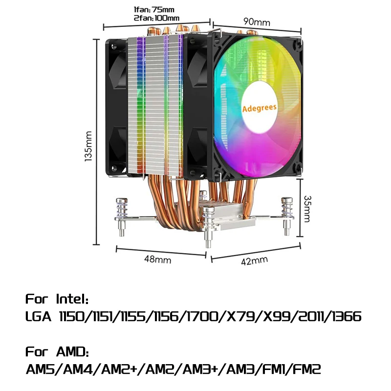 AM4 CPU Air Cooler 6 Heat Pipes PWM RGB Ventilador for Intel LGA X99 2011 1700 1150 1151 1366 1155 X79 AMD AM5 AM3 Cooling Fan
