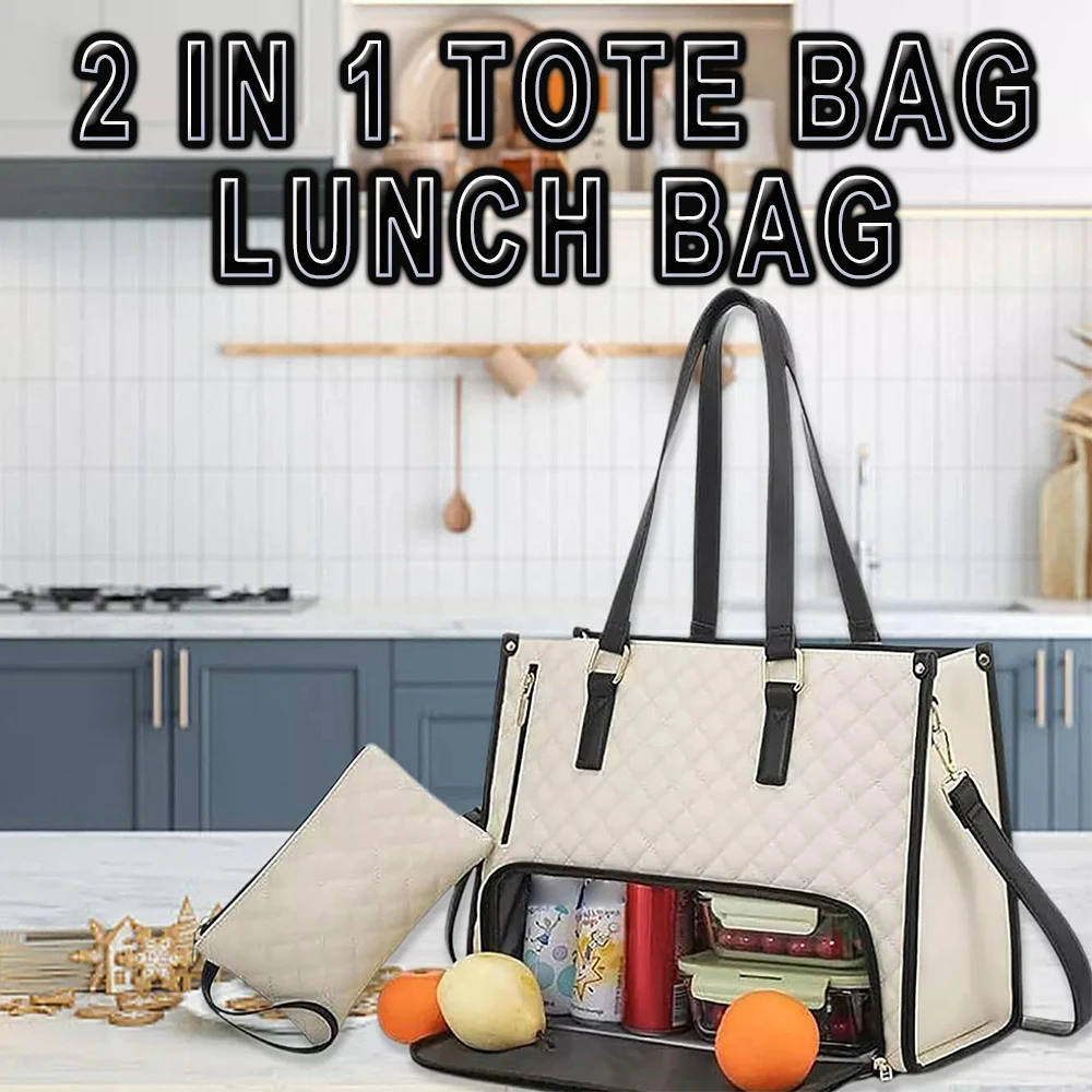 

2 in 1 Tote Bag Lunch Bag Combo 15.6 Inch Large Capacity Laptop Pack with Leakproof Insulated Lunch Compartment for Work Travel