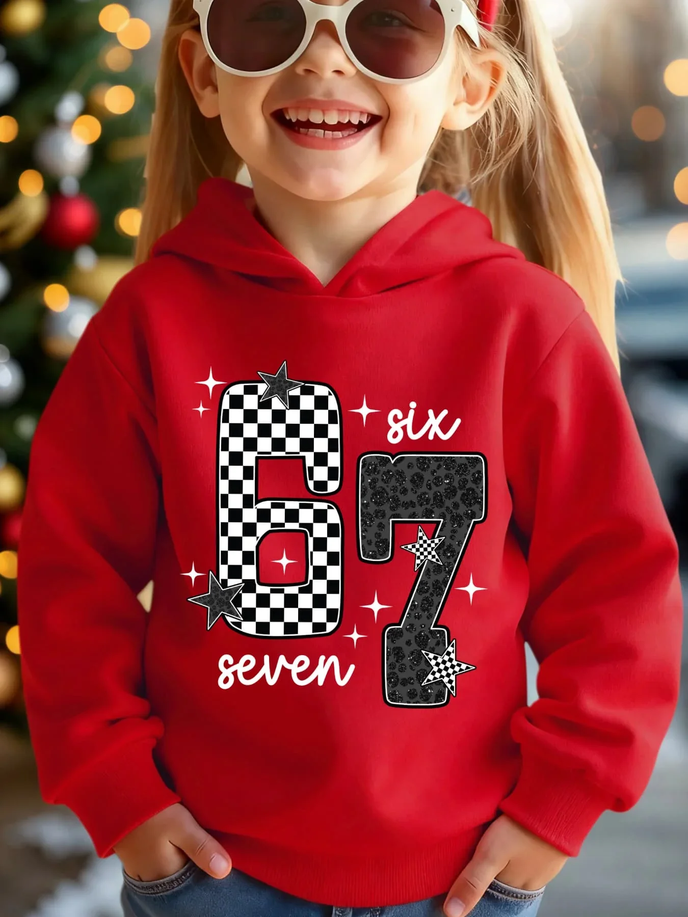 Teen Girls 6 7 Birthday Graphic Hoodie Printed Pink Sweatshirt Checkerboard Casual Loose Hooded Pullover Tops