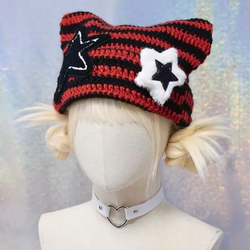 Y2K Lolita Striped Hat Cute Cat Ears Knitted Hat Women Autumn Winter Warm Beanie Original designed Hats