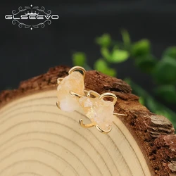 GLSEEVO Citrine Natural Stone Women's Earrings Luxury Designer Jewelry Korean Fashion Simple Stud Earrings Anniversary Gifts