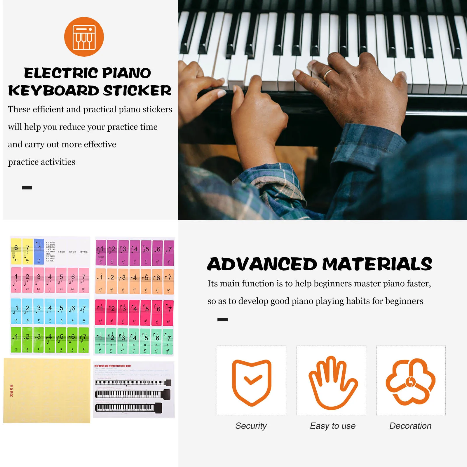 

2Pcs Piano Sticker Label Practical Introductory Decal Easy Remove Waterproof Durable Suitable for Electronic Organ Beginners