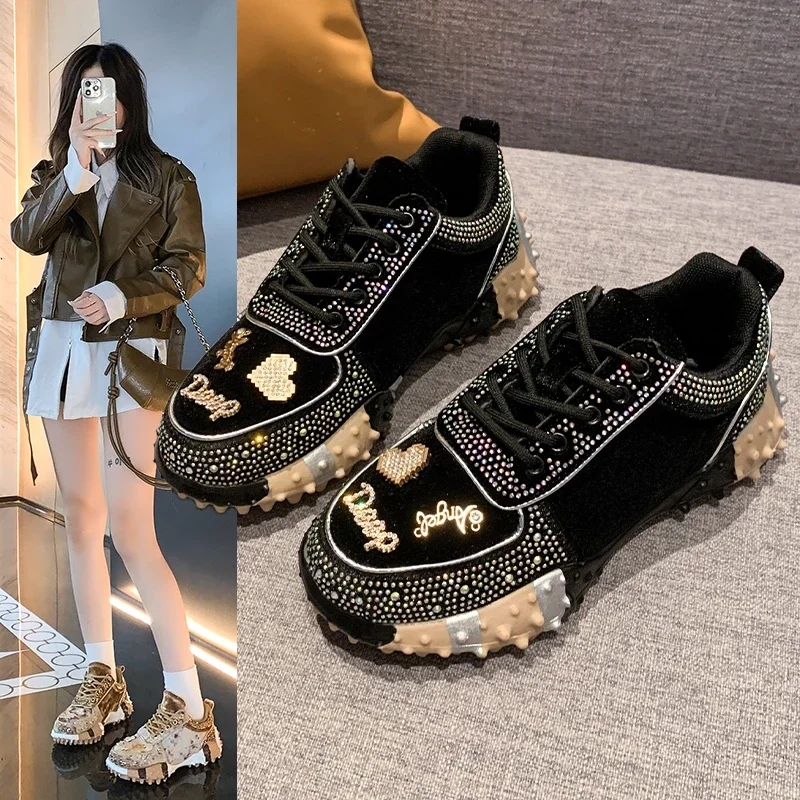 Women Sneakers Winter Fashion Luxury Rhinestone Ladies Shoes Outdoor Platform Female Sports Shoes Fleece-lined Ladies Vulcanized