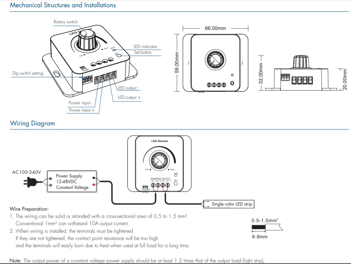 V1-KC 1CH*8A DC12V-48V Rotary LED Dimmer Controller PWM Frequency 500Hz, 2KHz, 8KHz 16KHz Selectable For Single Color LED Strip