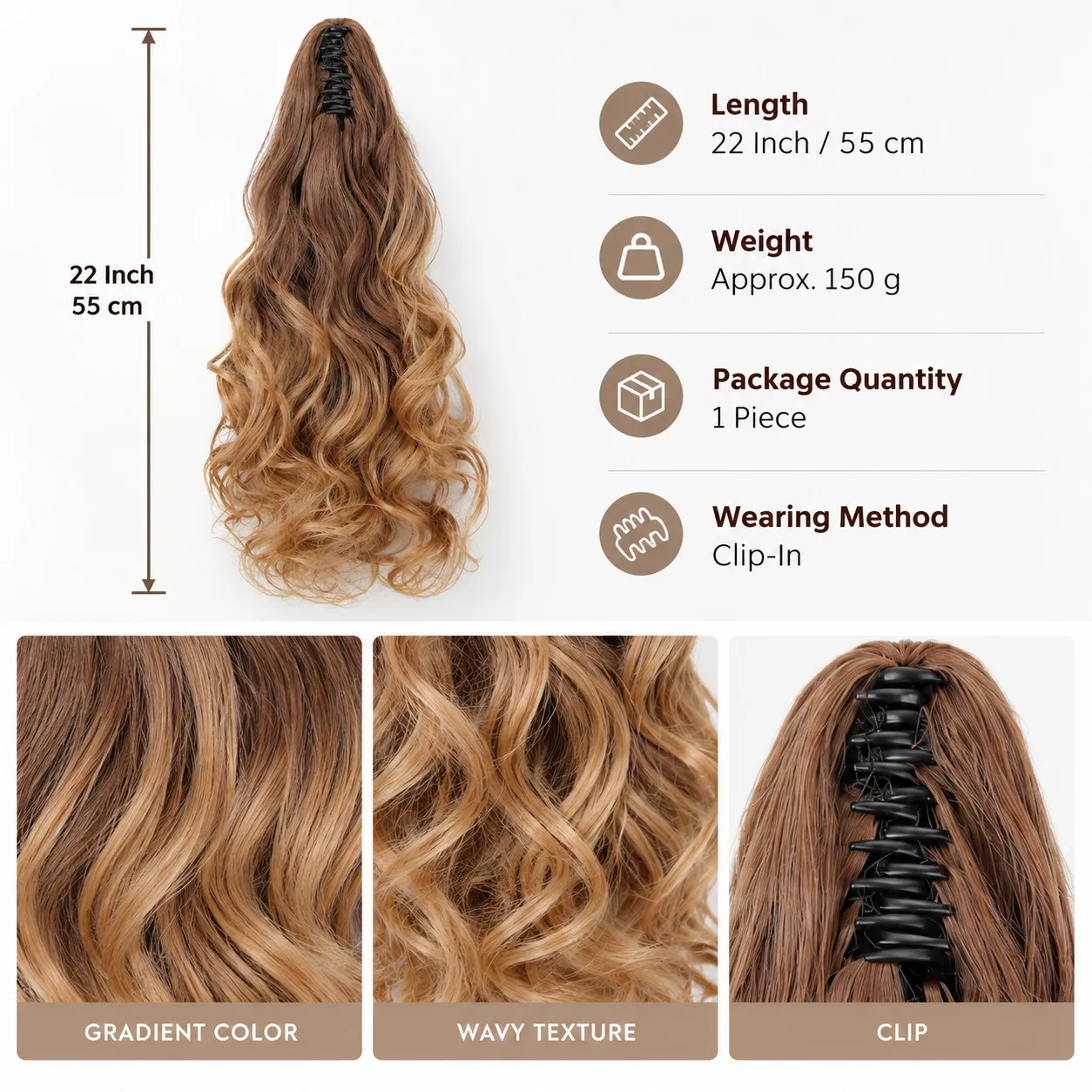 22 Inch Long Wavy Ponytail Extension Ombre Brown Honey Blonde Clip In Hairpiece Voluminous Curly Fake Hair for Women Daily Party