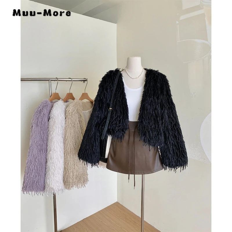 2023 Winter Korean Clubwear Style V-neck Wide Waisted Fur Jacket For Women Luxury Fashion Elegant Sexy Slim Warm Solid Coat