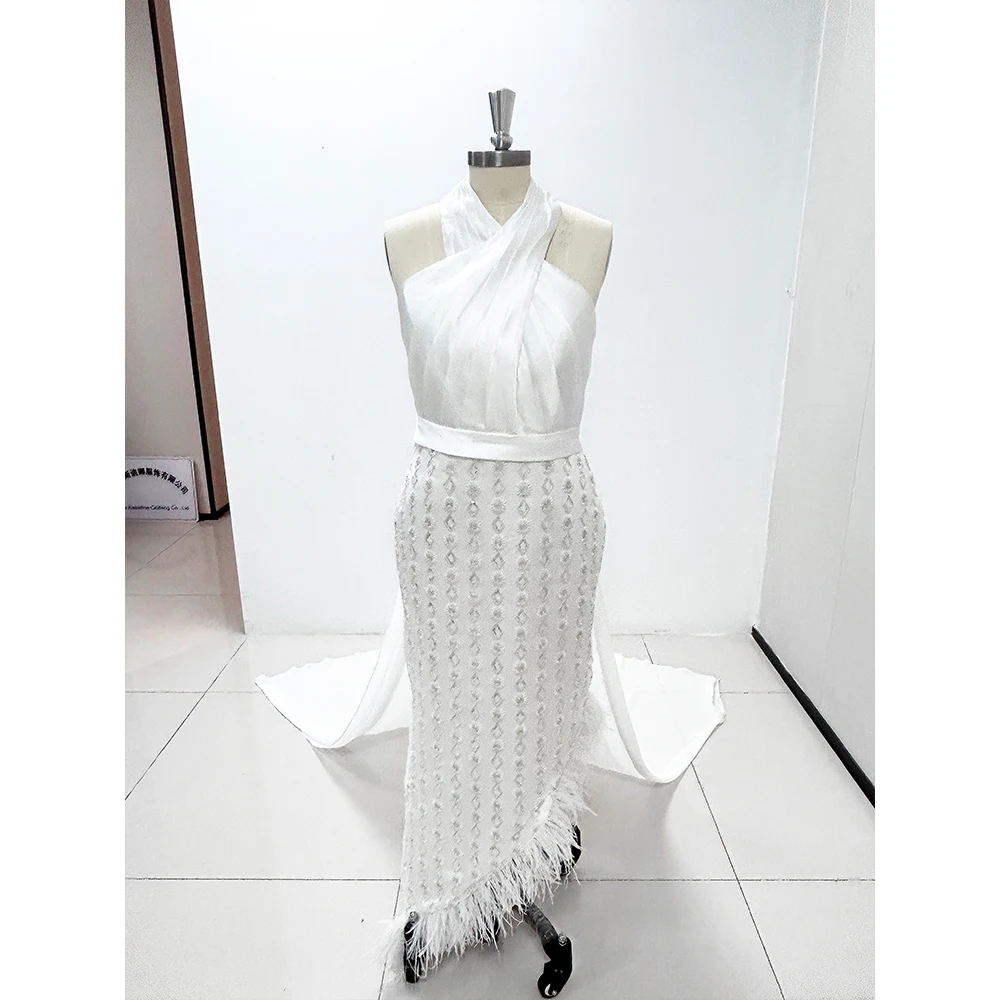 Luxury Pearls Flowers Evening Dresses White Fashion Halter Sleeveless Straight Prom Gowns Beads Tassel Women Party Dresses