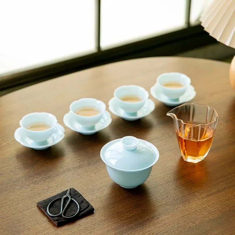 Ice Jade Porcelain Kung Fu Tea Set with Cover Bowl and Teacups High End Ceramic Gift for Household Outdoor Leisure Art
