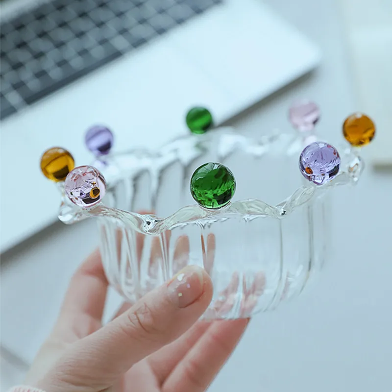 Glass BowlsCreative Crown BowlsHigh Borosilicate Glass BowlsColoured Bead DotsFruit DessertIce CreamCerealYoghurt Bowls