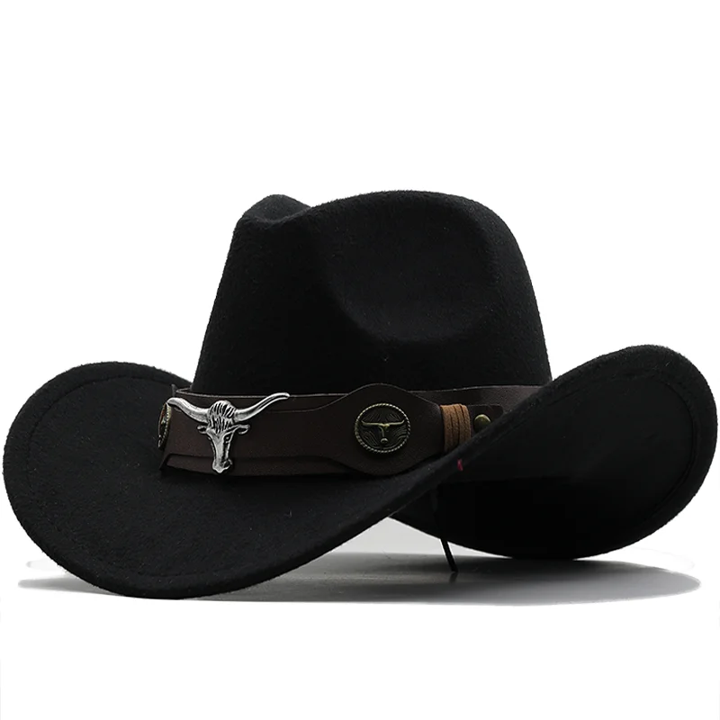 Wome-Sombrero de vaquero occidental para Hombre, gorra de lana negra, Sombrero de Jazz, tamaño 56-58cm