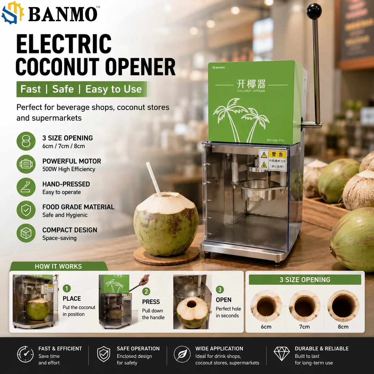 BANMO Commercial Electric Young Coconut Opener Machine Food Grade Coconut Processing Equipment for Beverage Shop Supermarket