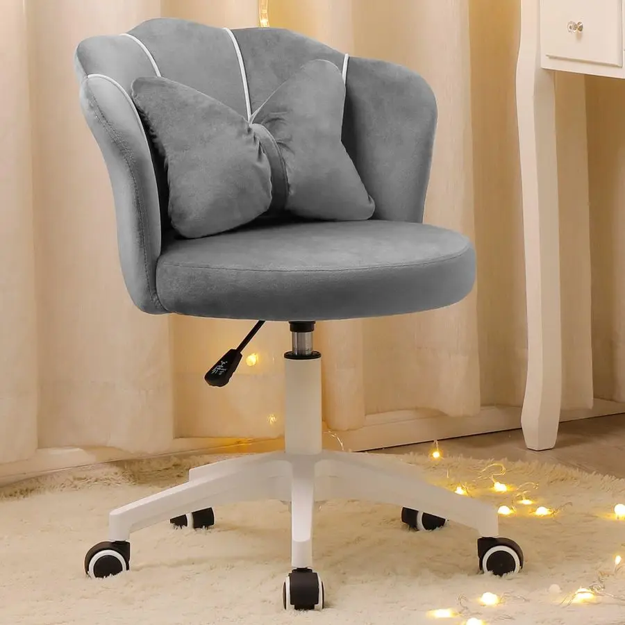 

Grey Vanity Chair with Wheels, Velvet Upholstered Desk Chair, Cute Home Office Desk Chairs Swivel with Back for Girls Women