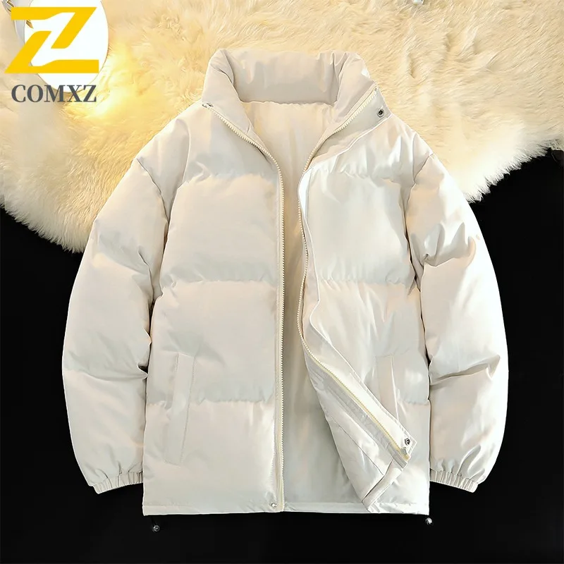 COMXZ 2025 Mens M8-XL Thickened Fleece Stand Collar Puffer Jacket Winter American Style Solid Color Casual Outdoor Sports Coat