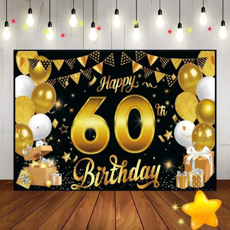 Happy 55/60th Birthday Silver and Navy Blue Background Photo Diverse Photography Backdrops Special Custom Backdrop Black Gold