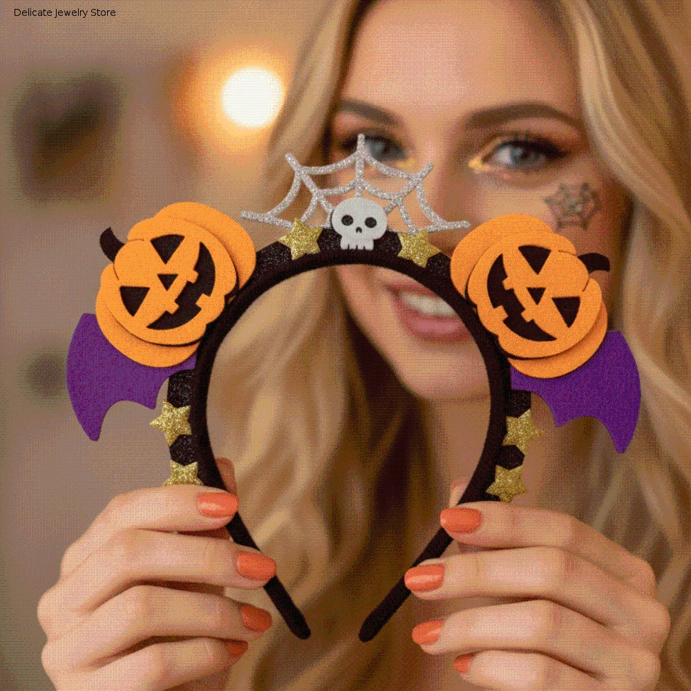 Felt Pumpkin Headband Purple Batwing Glitter Stars Halloween Hairband Silver Cobweb Flexible Bat Wings Hair Hoop Parade