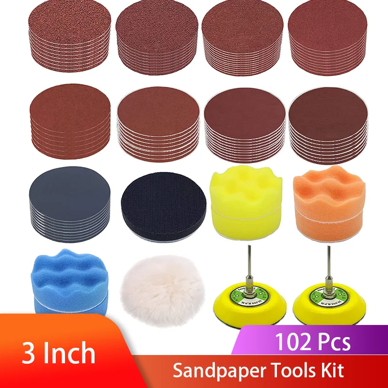 

102pcs Sandpaper 3Inch Sanding disc 60-3000 Grit Sanding Paper with Backer Plate Shank Soft Foam Buffering Pad and Polishing Pad