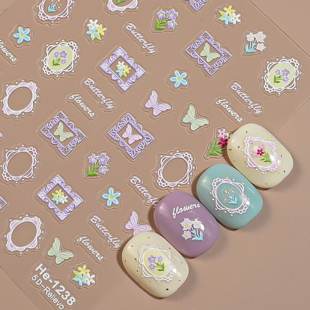

Japanese Fresh Floral Frame Nail Art Stickers 3D Elegant Flower Design Manicure Decals DIY Nail Decorations