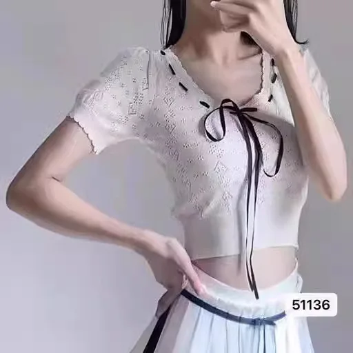 

Футболка с лентой и бантом Y2k, женская футболка в корейском стиле, лето 2022, галстук-бабочка Kawaii, футболка с рюшами на шее, короткая футболка, облегающая одежда Wh1