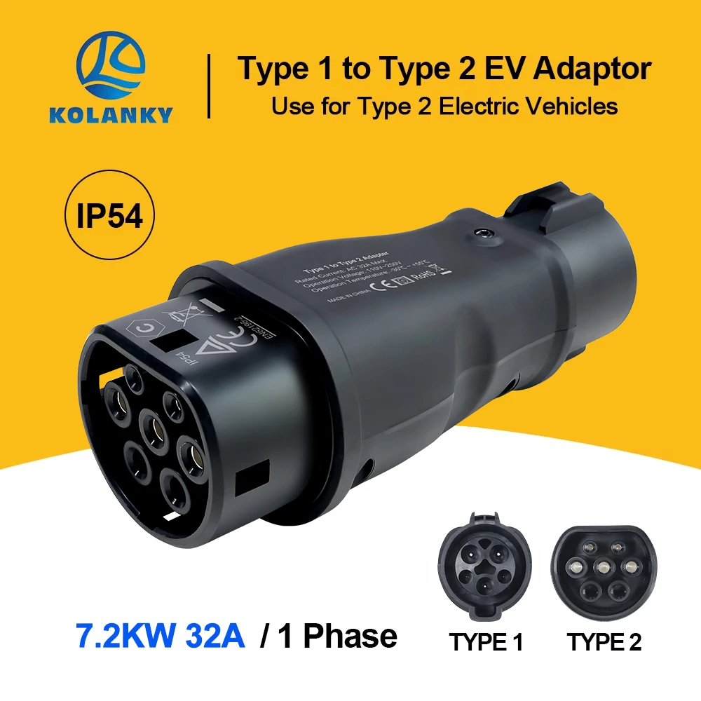 

EV Charger Adapter EVSE Type1 to Type2 Electric Vehicle Car Charging Connector 16A/32A SAE j1772 to IEC62196 EV Converter