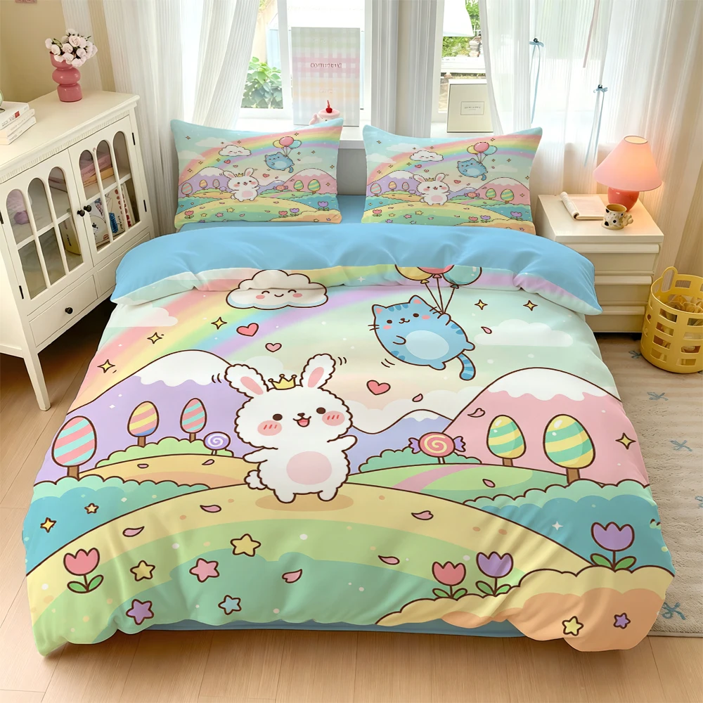 3/4Pc Digital Print Ultra-Soft Home Bedding Set Four-Piece Combination Set Cartoon Cute Bunny Forest Pattern Comfortable Breathable Bedding Set Home Bedding Single Duvet Cover Three-Piece Set Dormitory Bedding Four Seasons Useable Duvet Cover+Pillowcase+Bed Sheet Does Not Include Pillow Core or Quilt Core