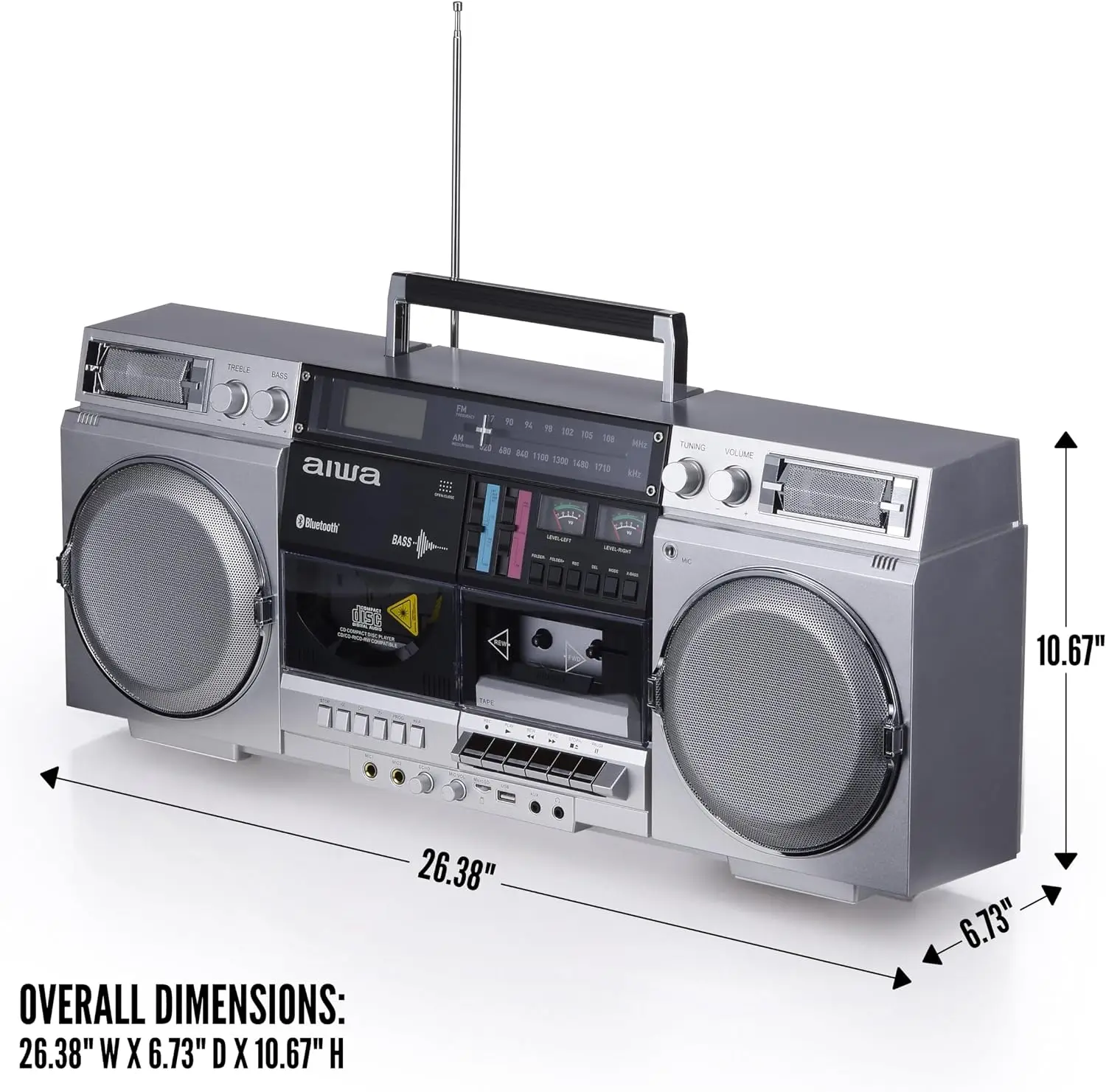 Retro CD Boombox with Cassette Recorder, Bluetooth 5.0, AM/FM Radio, USB/SD/AUX Inputs, VU Meters, LCD Display, Dual 40W Speakers - Silver 3