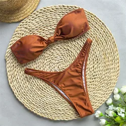 Mini Brązowe Bikini Bandeau Front Knotted Micro Thong Sexy Swimsuit Women High Cut Bathing Suit Bikinis Sets 2024 Mujer Bather