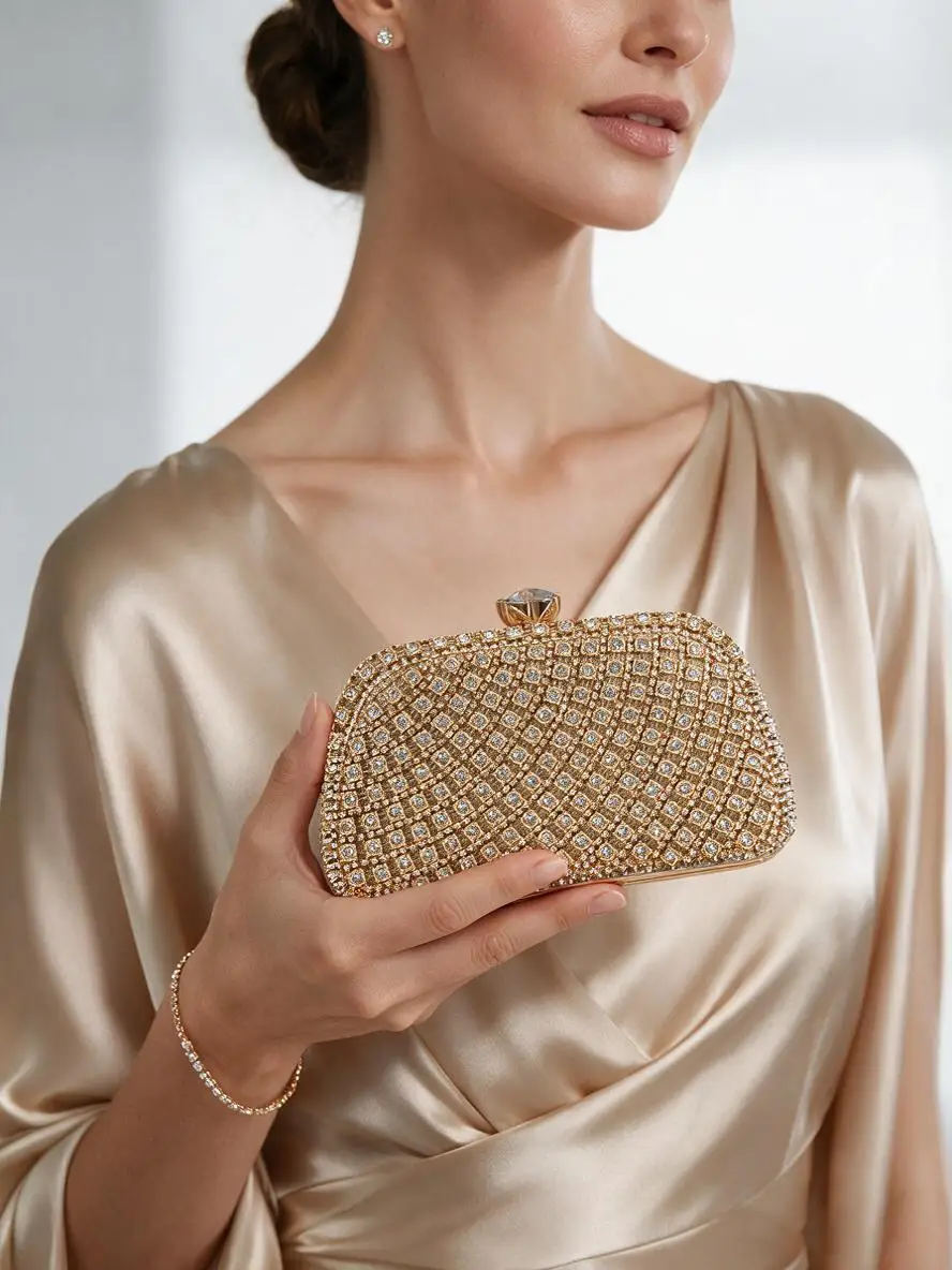 XIYUAN Orange Marquise Rhinestone Bucket Clutch Purse Women Crystal Minaudiere Evening Bags For Wedding Bridal Banquet Handbag
